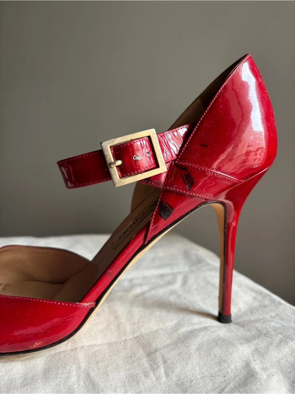 Jimmy Choo Peep Toe Stiletto Heels Red Patent Leather Mary Jane EU 41 US 10